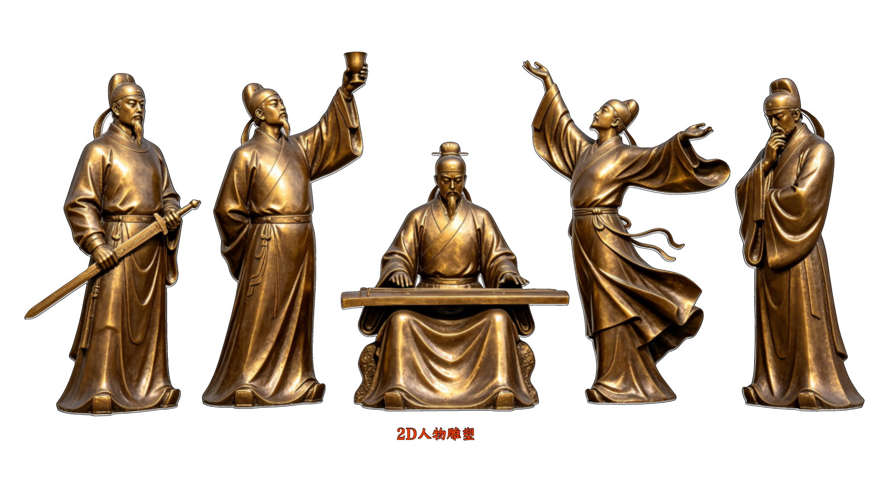 诗人古代李白古铜雕塑2D人物