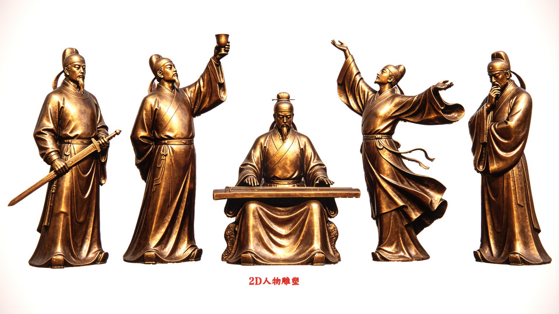 诗人古代李白古铜雕塑2D人物