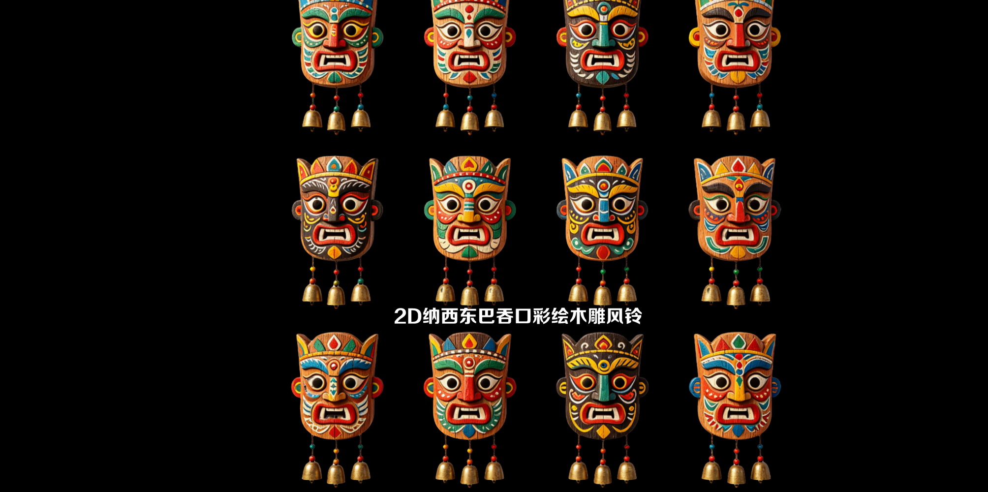 2D纳西东巴吞口彩绘木雕风铃