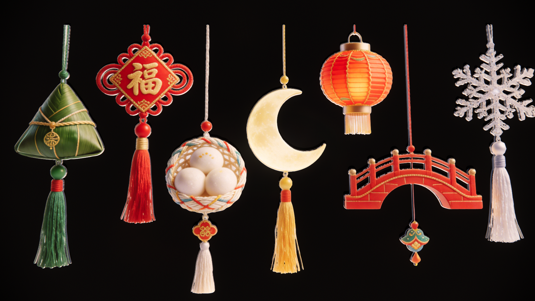 节庆新年2D吊串流苏中国结剪影SU模型